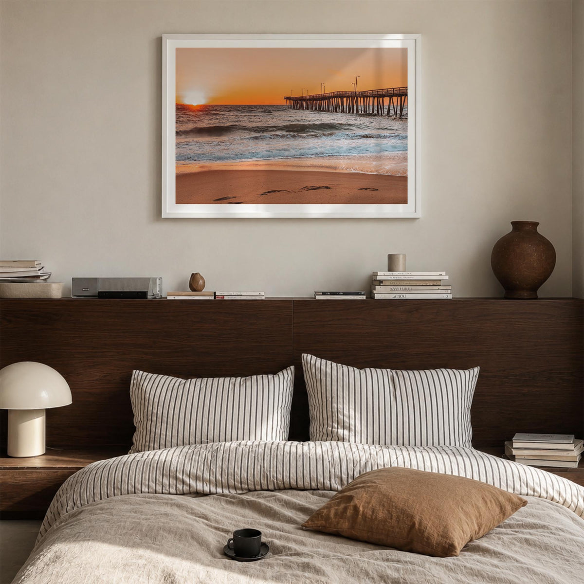 Virginia Beach colorful photo poster of Virginia, USA – horizontal wall art in white wood frame with white border, hanging on