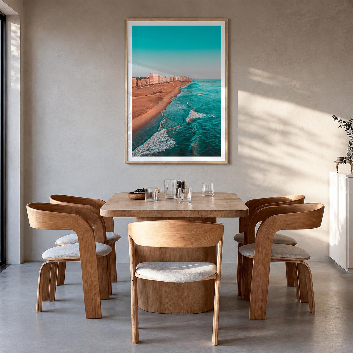 Virginia Beach no. 1 colorful photo poster of Virginia, USA – vertical wall art in natural wood frame with white border, hang