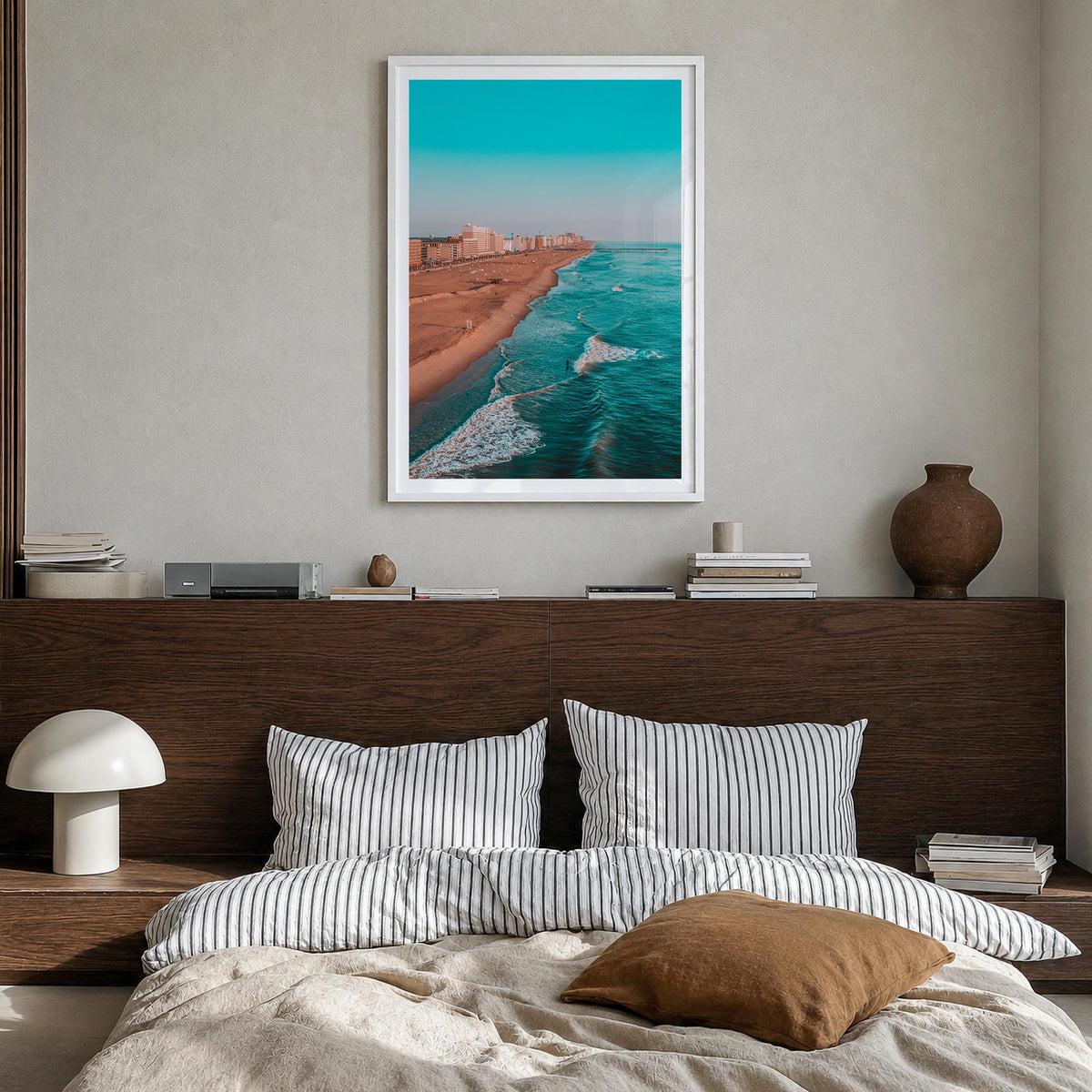 Virginia Beach no. 1 colorful photo poster of Virginia, USA – vertical wall art in white wood frame with white border, hangin