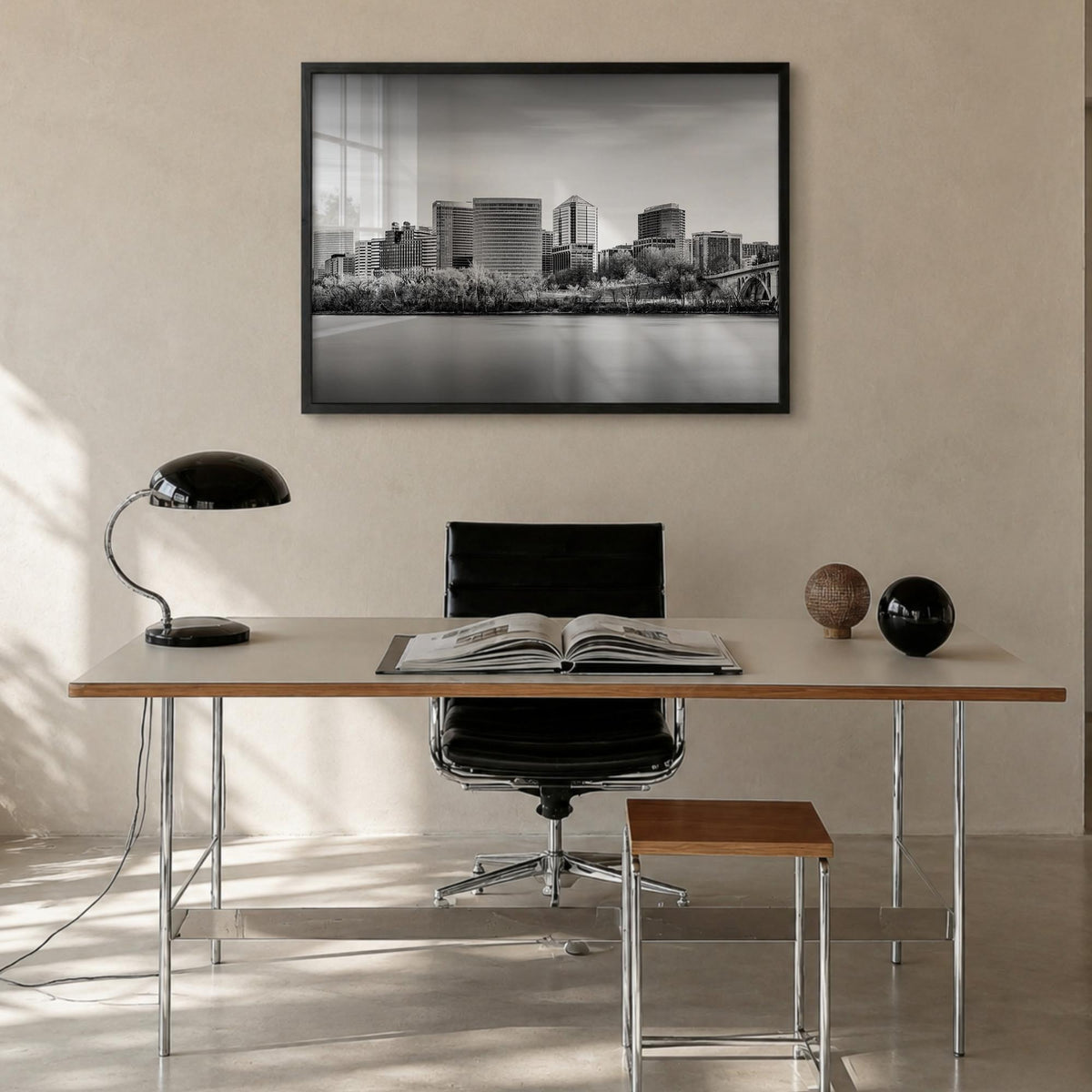 Virginia black & white photo poster of United States – horizontal wall art in black wood frame, hanging on wall