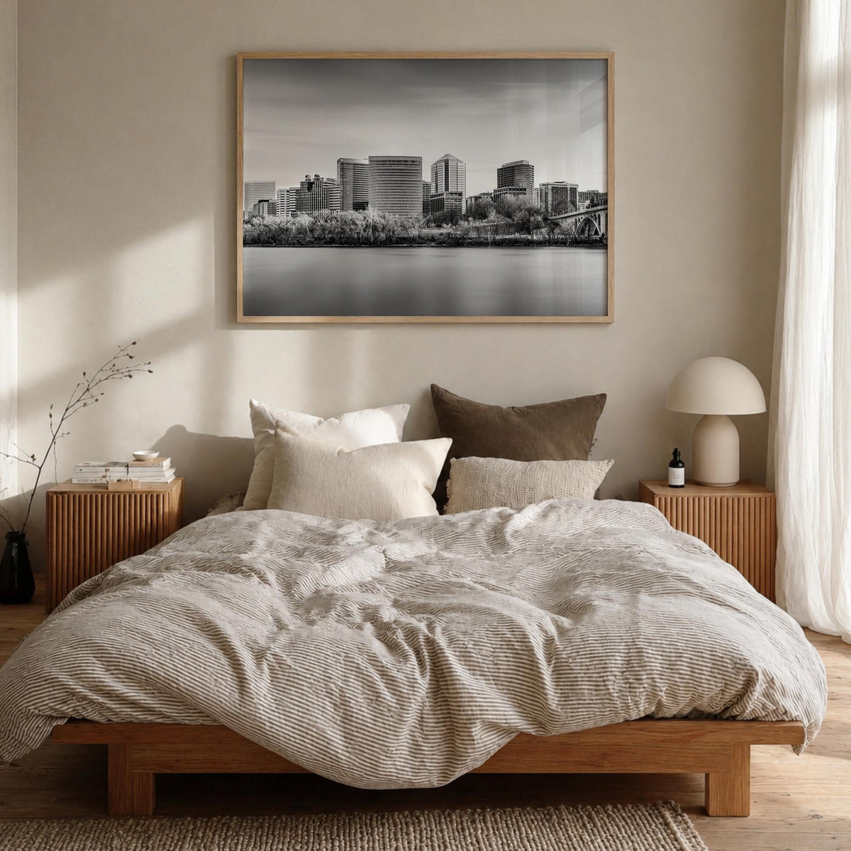 Virginia black & white photo poster of United States – horizontal wall art in natural wood frame, hanging on wall