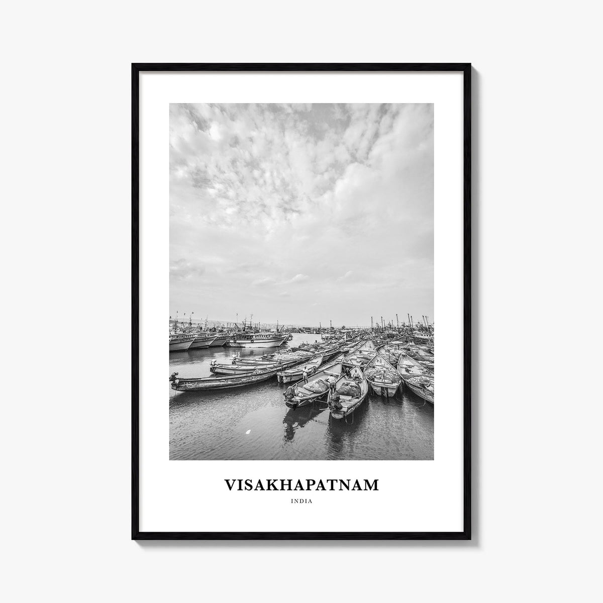 Visakhapatnam black & white classic poster of India – vertical wall art, unframed print shown in interior mockup
