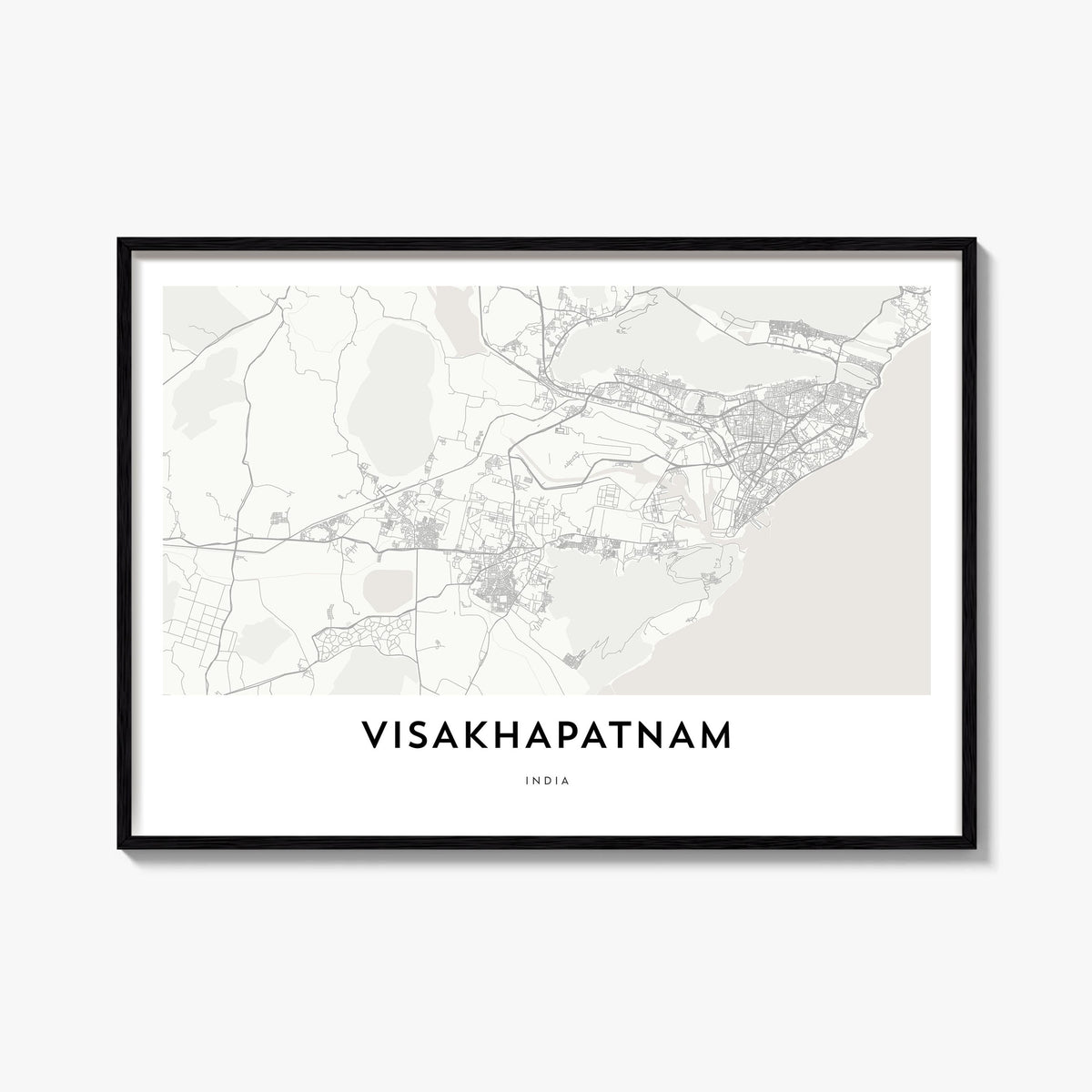 Visakhapatnam black & white map poster of India – horizontal wall art, unframed print shown in interior mockup