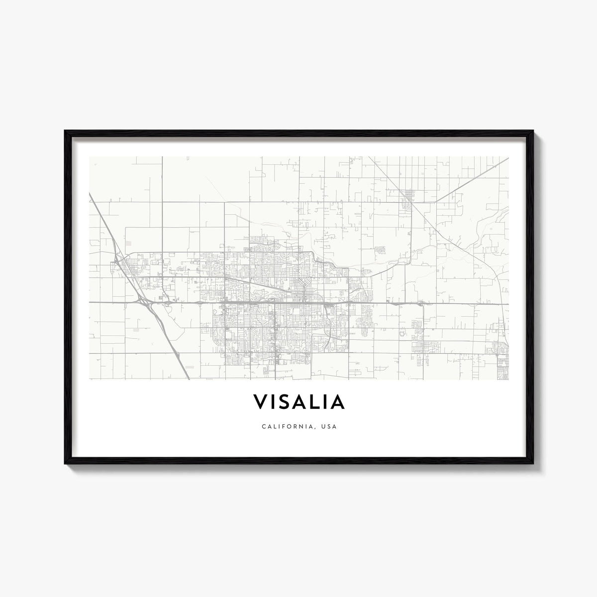 Visalia black & white map poster of California, USA – horizontal wall art, unframed print shown in interior mockup