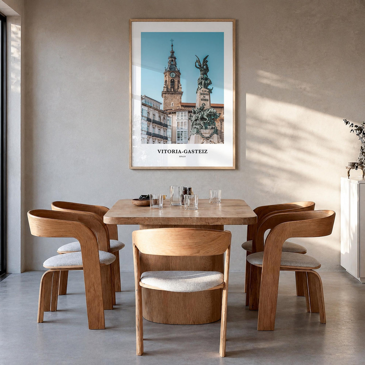 Vitoria-Gasteiz colorful classic poster of Spain – vertical wall art in natural wood frame, hanging on wall