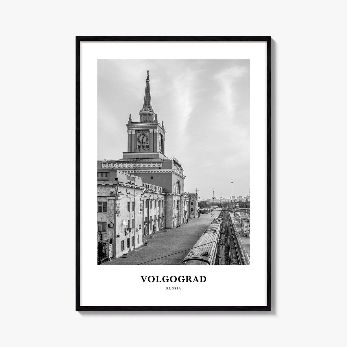 Volgograd black & white classic poster of Russia – vertical wall art, unframed print shown in interior mockup
