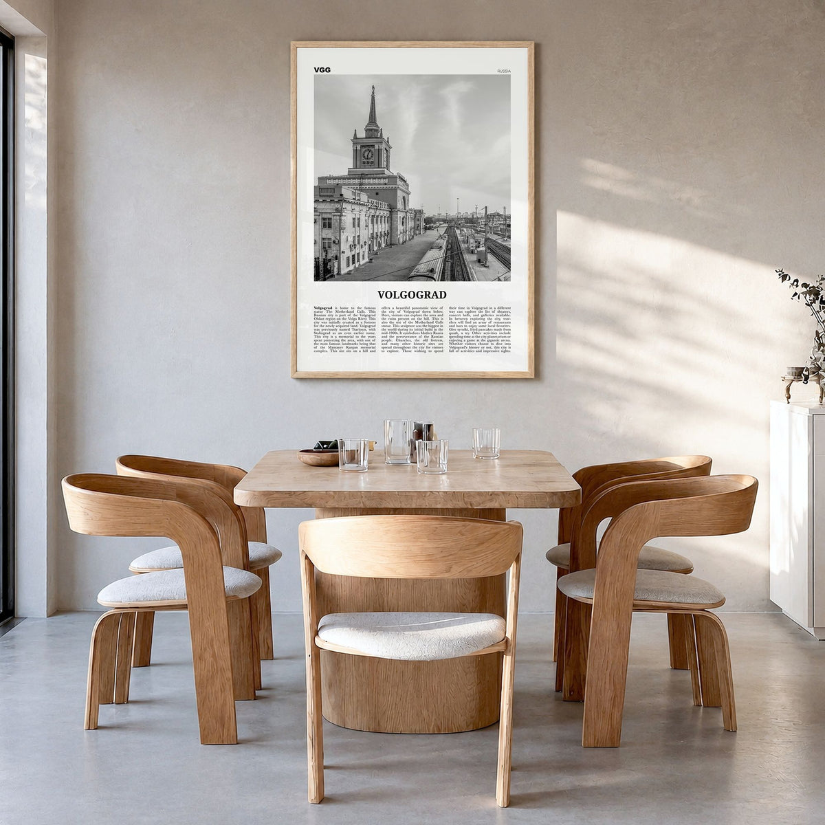 Volgograd Newspaper Poster in a natural wood frame, hanging in a dining room