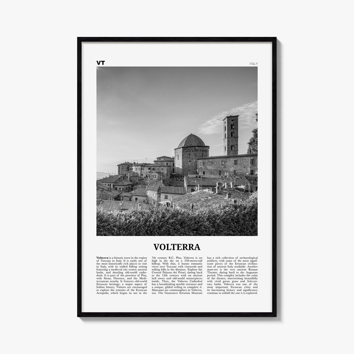 Volterra black & white newspaper poster of Italy – vertical wall art, unframed print shown in interior mockup