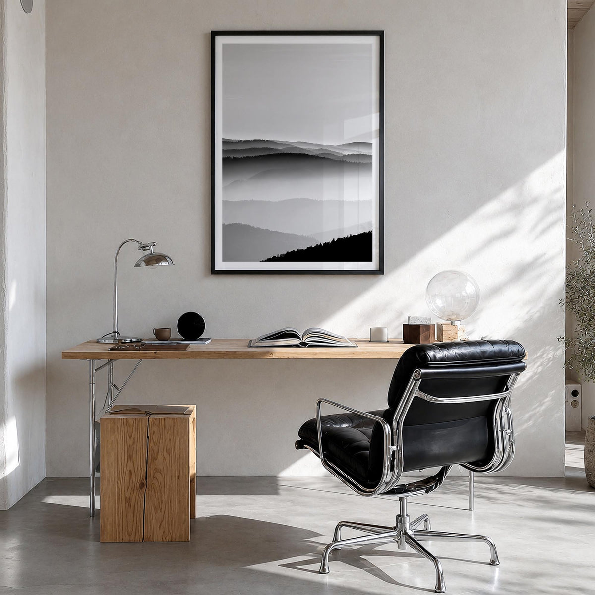 Vosges Mountains black & white photo poster of France – vertical wall art in black wood frame with white border, hanging on w