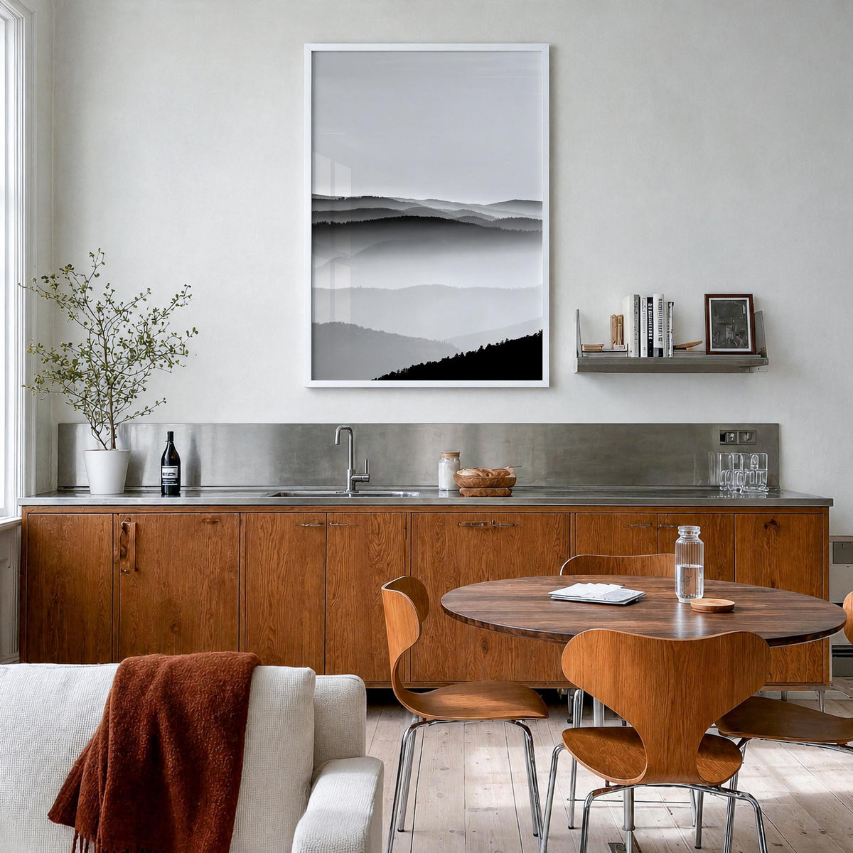 Vosges Mountains black & white photo poster of France – vertical wall art in white wood frame, hanging on wall