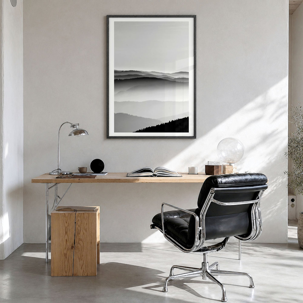 Vosges Mountains Photo Poster in a black wood frame, hanging in a bright home office, white border
