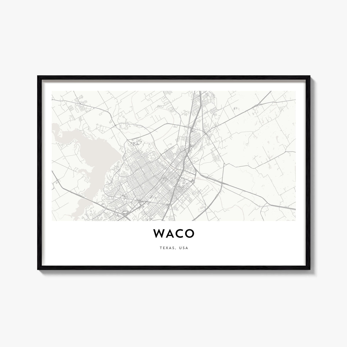 Waco black & white map poster of Texas, USA – horizontal wall art, unframed print shown in interior mockup