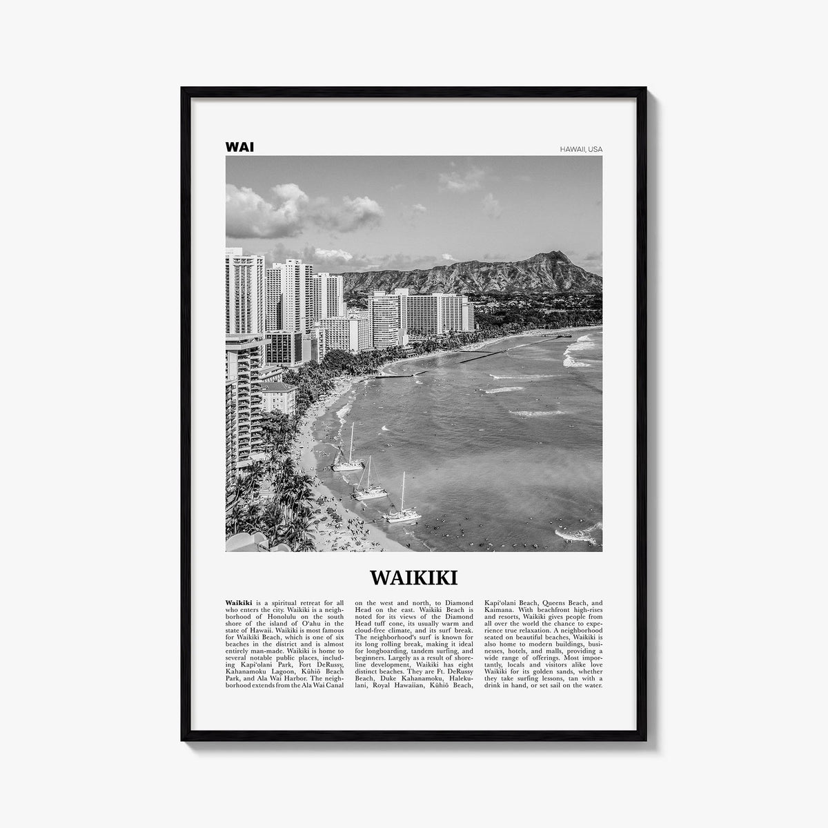 Waikiki black & white newspaper poster of Hawaii, USA – vertical wall art, unframed print shown in interior mockup