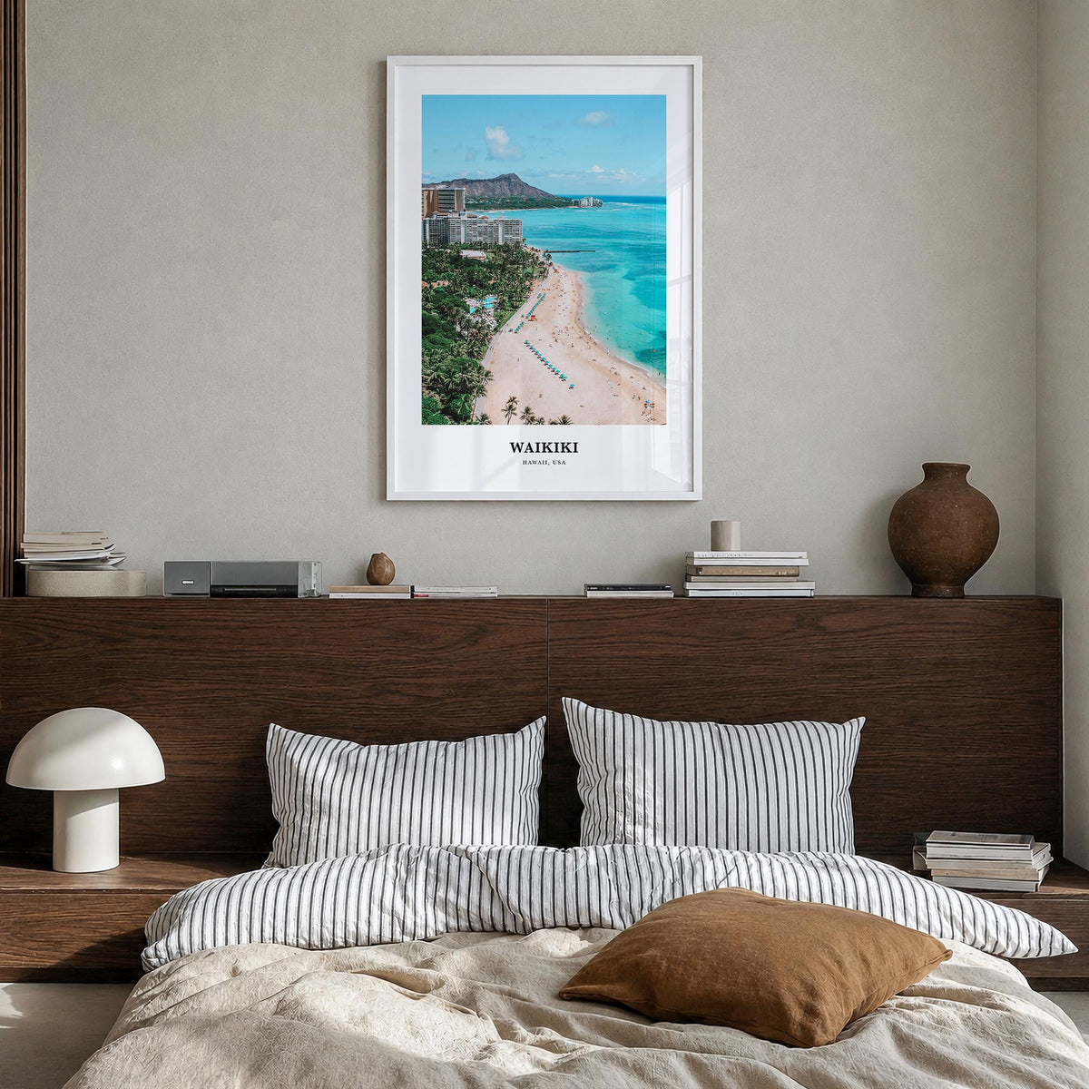 Waikiki colorful classic poster of Hawaii, USA – vertical wall art in white wood frame, hanging on wall