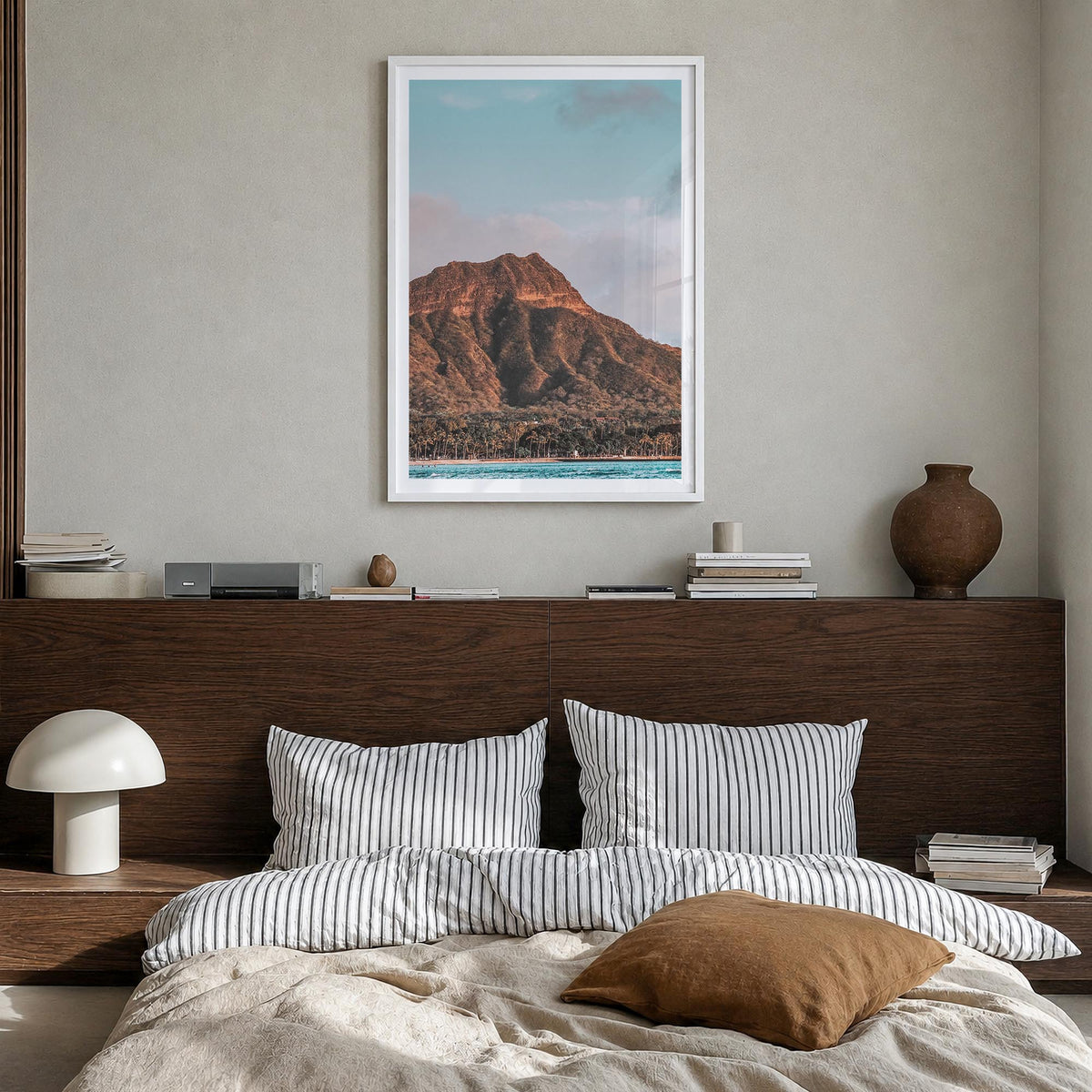 Waikiki no. 2 colorful photo poster of Hawaii, USA – vertical wall art in white wood frame with white border, hanging on wall