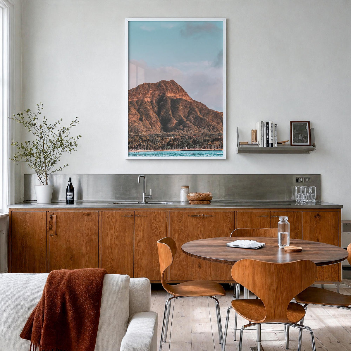 Waikiki no. 2 colorful photo poster of Hawaii, USA – vertical wall art in white wood frame, hanging on wall
