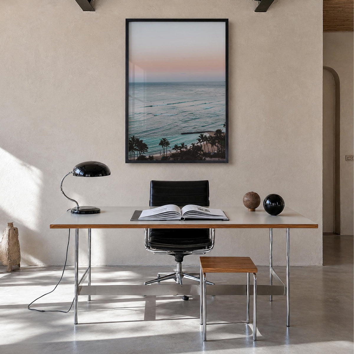 Waikiki no. 1 colorful photo poster of Hawaii, USA – vertical wall art in black wood frame, hanging on wall