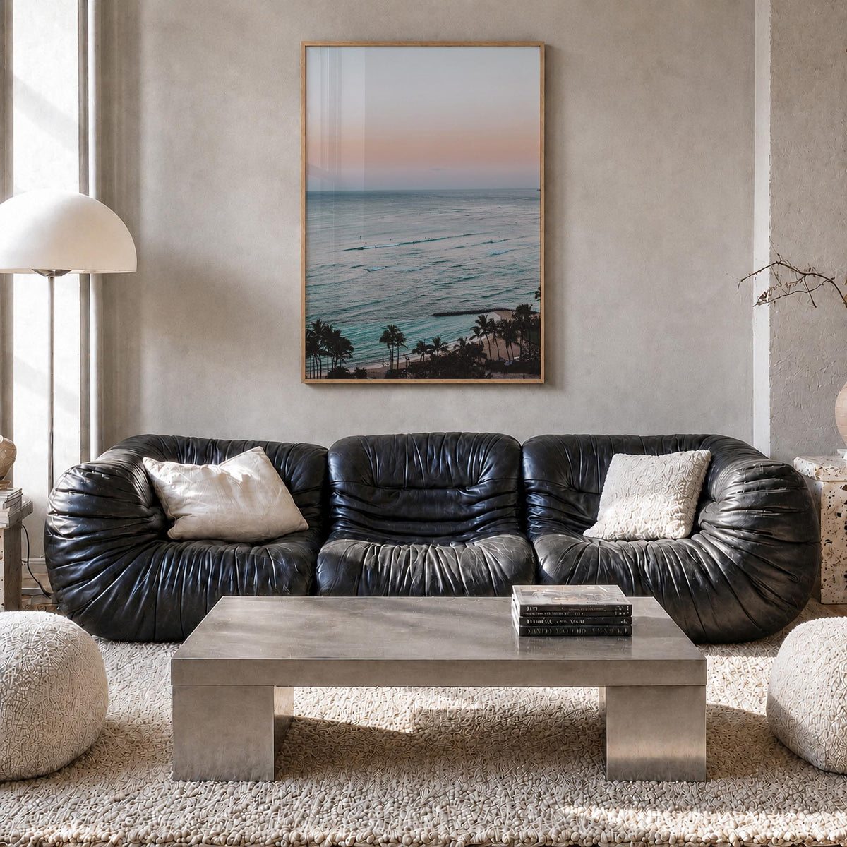 Waikiki no. 1 colorful photo poster of Hawaii, USA – vertical wall art in natural wood frame, hanging on wall