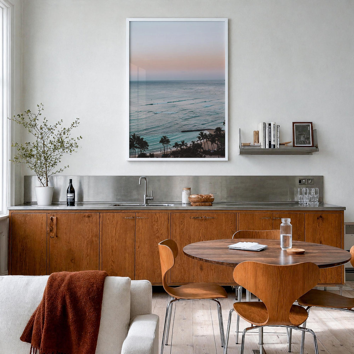 Waikiki no. 1 colorful photo poster of Hawaii, USA – vertical wall art in white wood frame, hanging on wall
