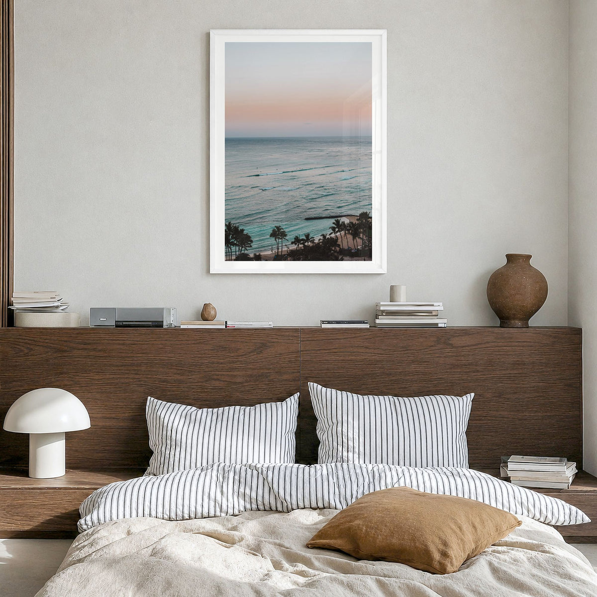 Waikiki Photo No 2 Poster in a white wood frame, hanging in a bedroom, white border
