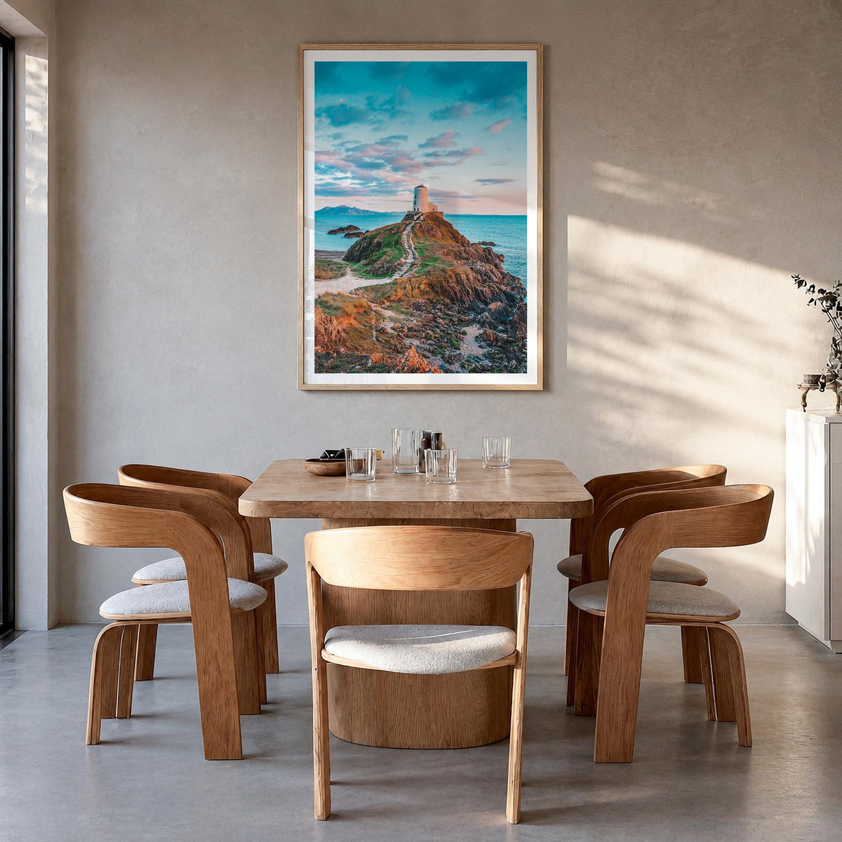 Wales colorful photo poster of United Kingdom – vertical wall art in natural wood frame with white border, hanging on wall