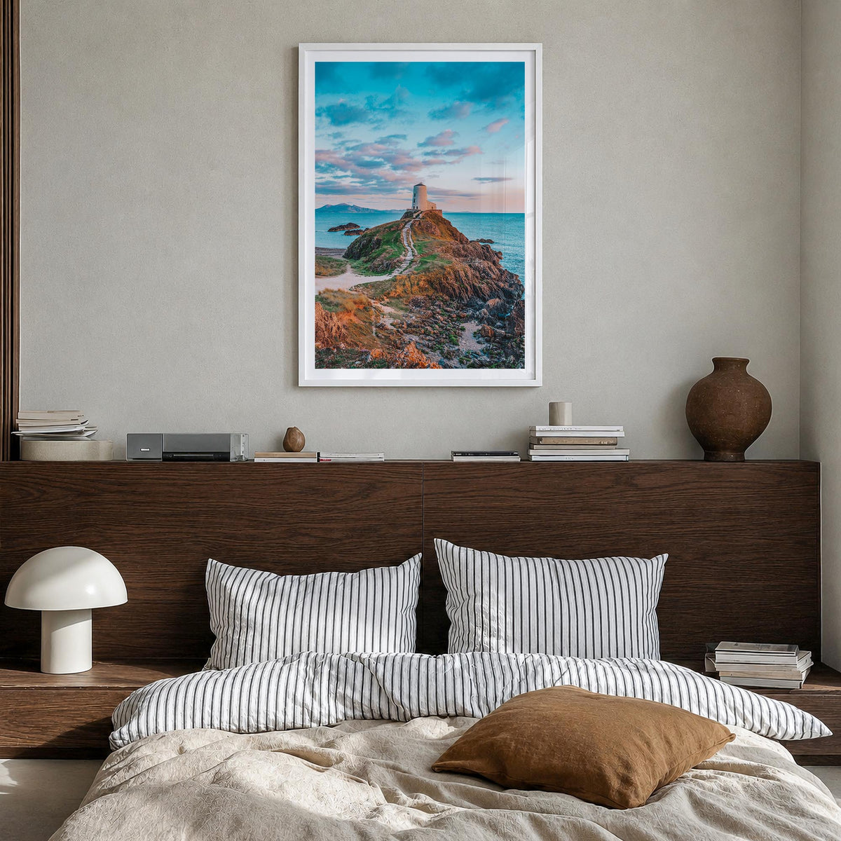 Wales colorful photo poster of United Kingdom – vertical wall art in white wood frame with white border, hanging on wall