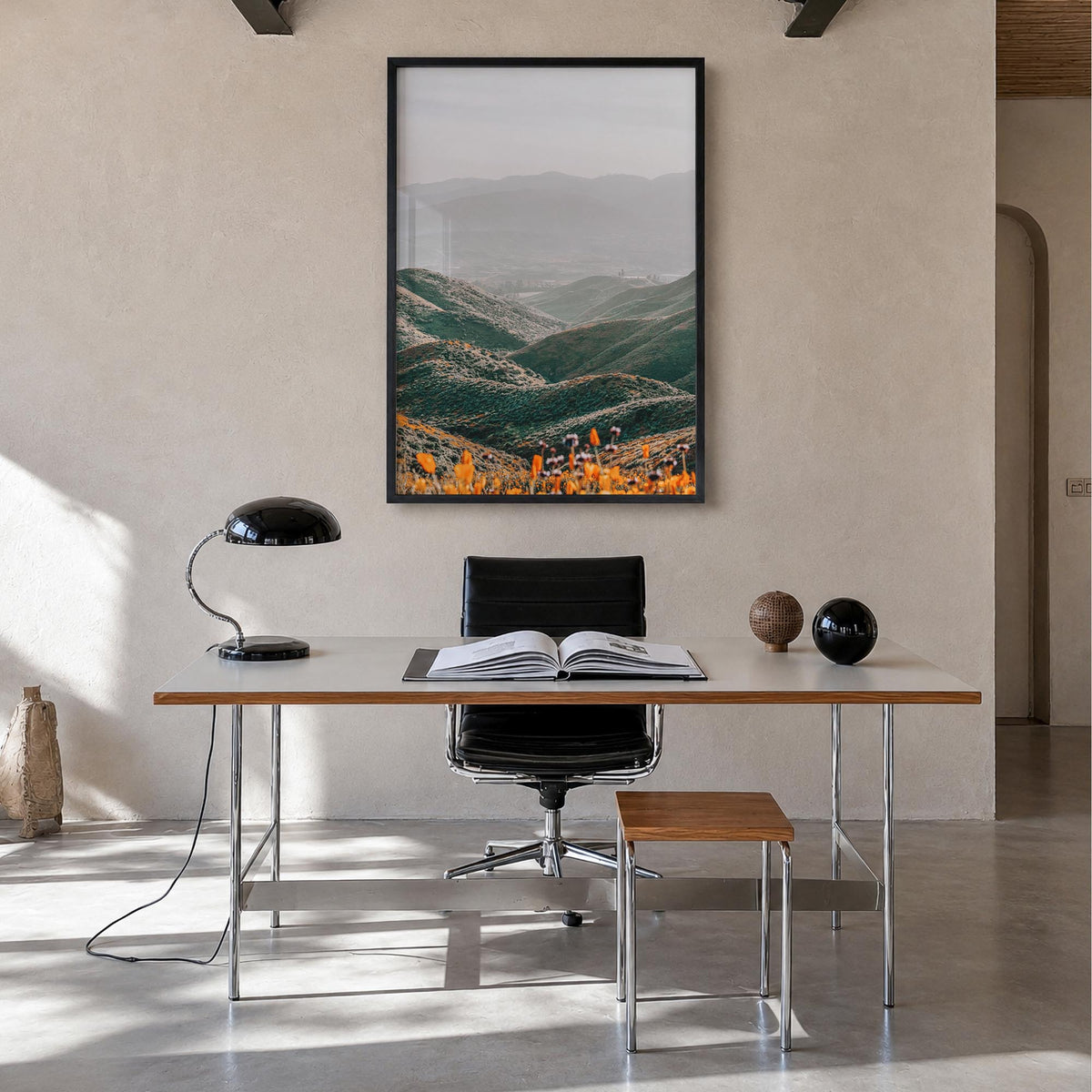 Walker Canyon colorful photo poster of California, USA – vertical wall art in black wood frame, hanging on wall