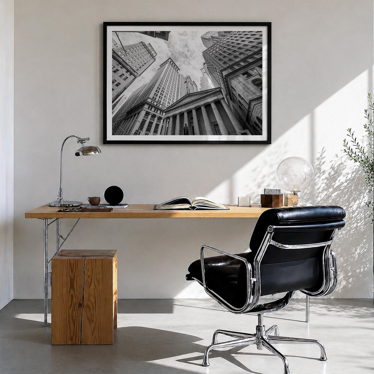 Wall Street black & white photo poster of Manhattan, New York City – horizontal wall art in black wood frame with white borde