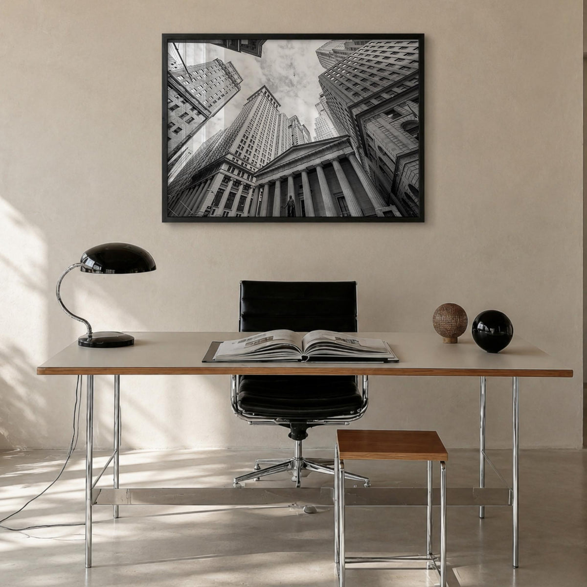 Wall Street black & white photo poster of Manhattan, New York City – horizontal wall art in black wood frame, hanging on wall