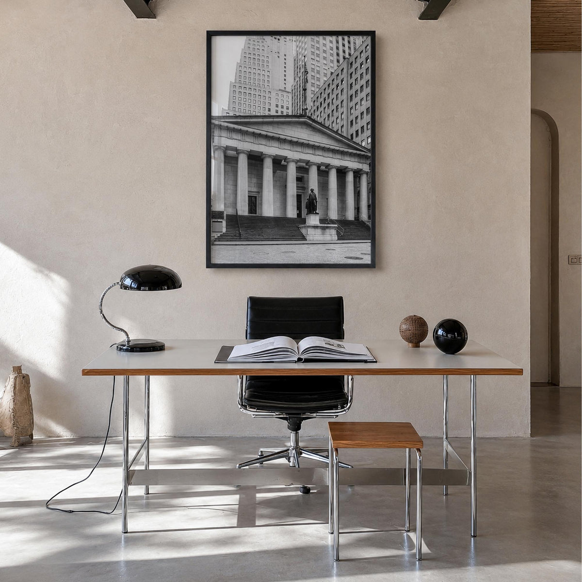 Wall Street black & white photo poster of Manhattan, New York City – vertical wall art in black wood frame, hanging on wall