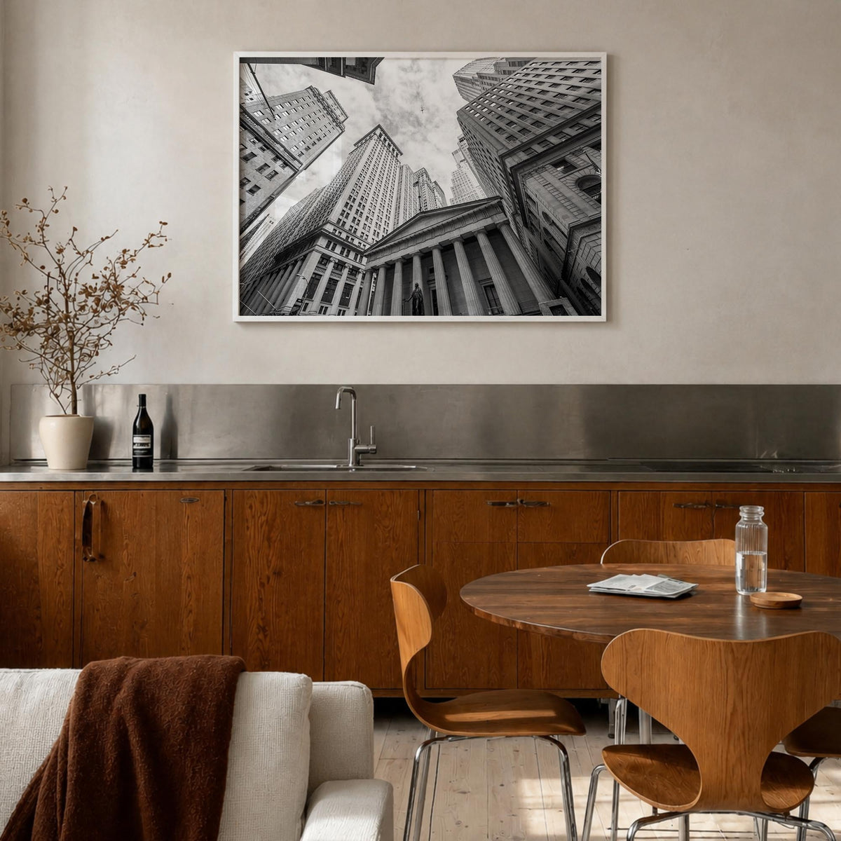 Wall Street black & white photo poster of Manhattan, New York City – horizontal wall art in white wood frame, hanging on wall