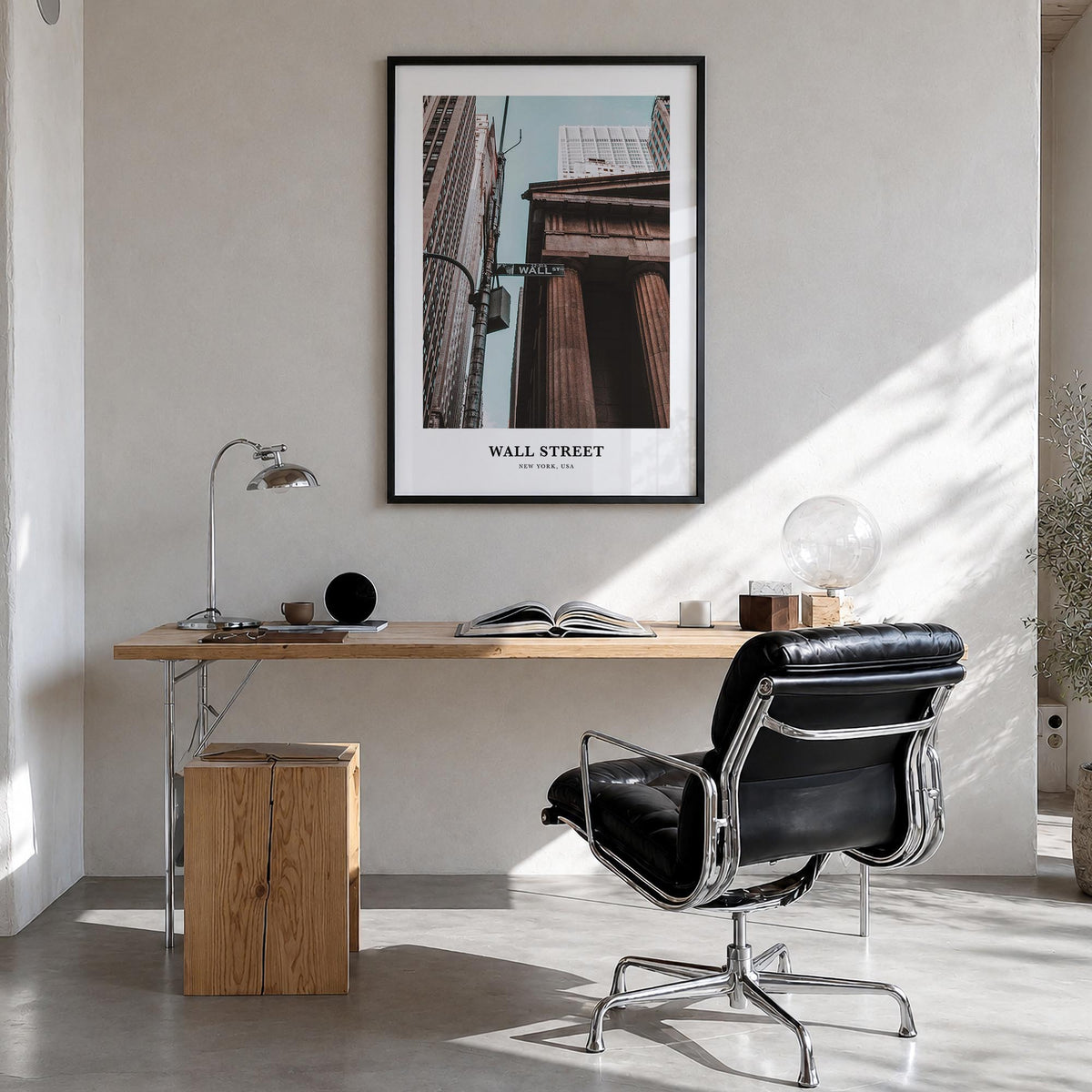Wall Street colorful classic poster of Manhattan, New York City – vertical wall art in black wood frame, hanging on wall