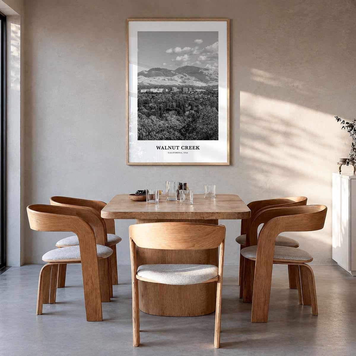 Walnut Creek black & white classic poster of California, USA – vertical wall art in natural wood frame, hanging on wall