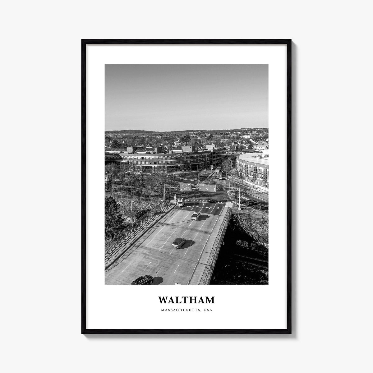 Waltham black & white classic poster of Massachusetts, USA – vertical wall art, unframed print shown in interior mockup