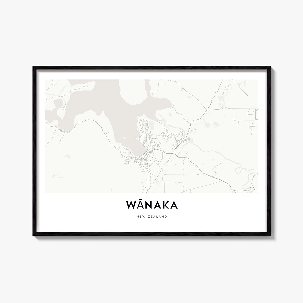 Wānaka black & white map poster of New Zealand – horizontal wall art, unframed print shown in interior mockup