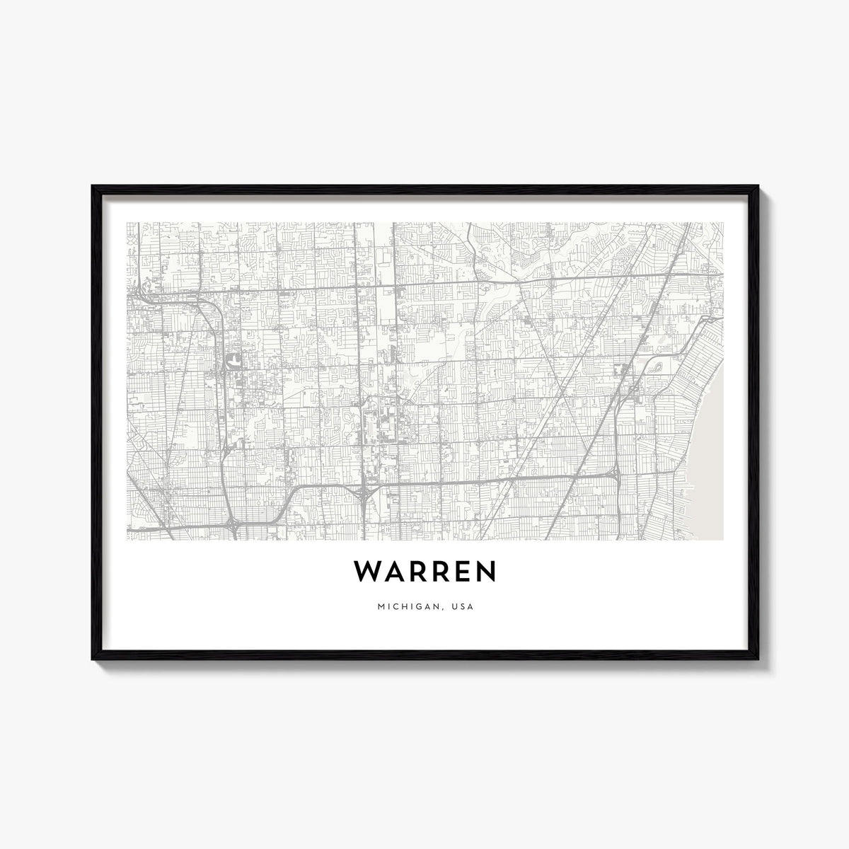 Warren black & white map poster of Ohio, USA – horizontal wall art, unframed print shown in interior mockup