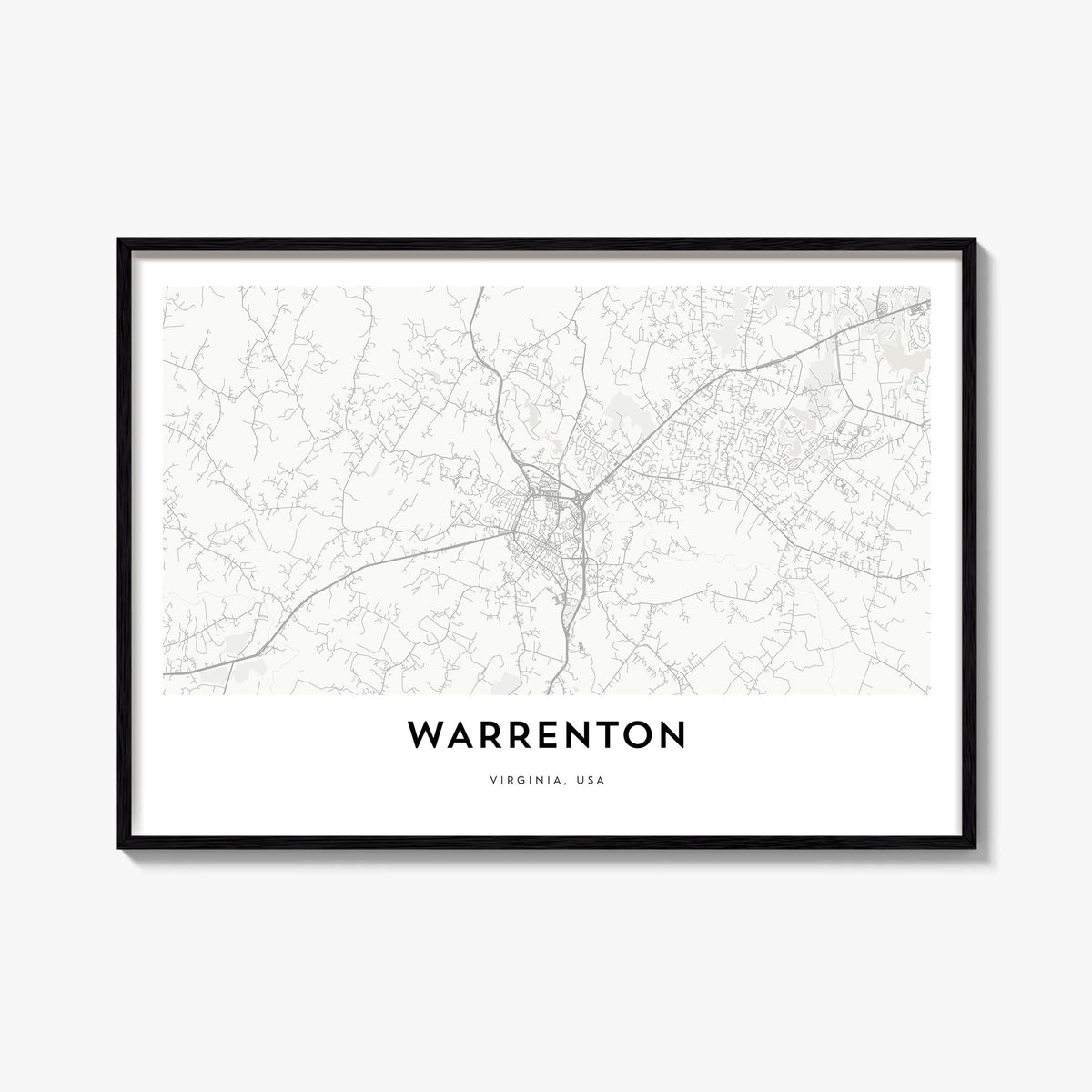 Warrenton black & white map poster of Virginia, USA – horizontal wall art, unframed print shown in interior mockup