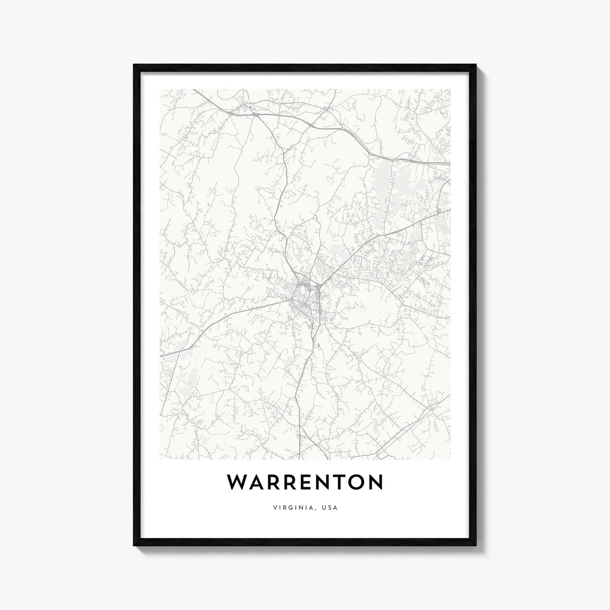 Warrenton black & white map poster of Virginia, USA – vertical wall art, unframed print shown in interior mockup