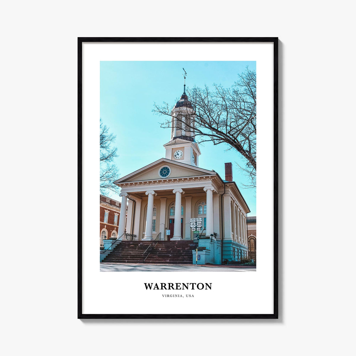 Warrenton colorful classic poster of Virginia, USA – vertical wall art, unframed print shown in interior mockup
