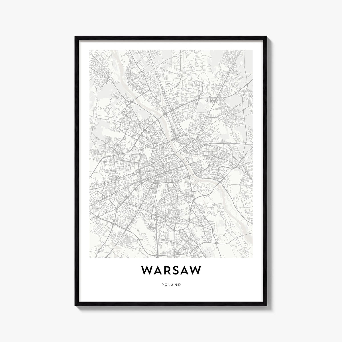 Warsaw black & white map poster of Poland – vertical wall art, unframed print shown in interior mockup