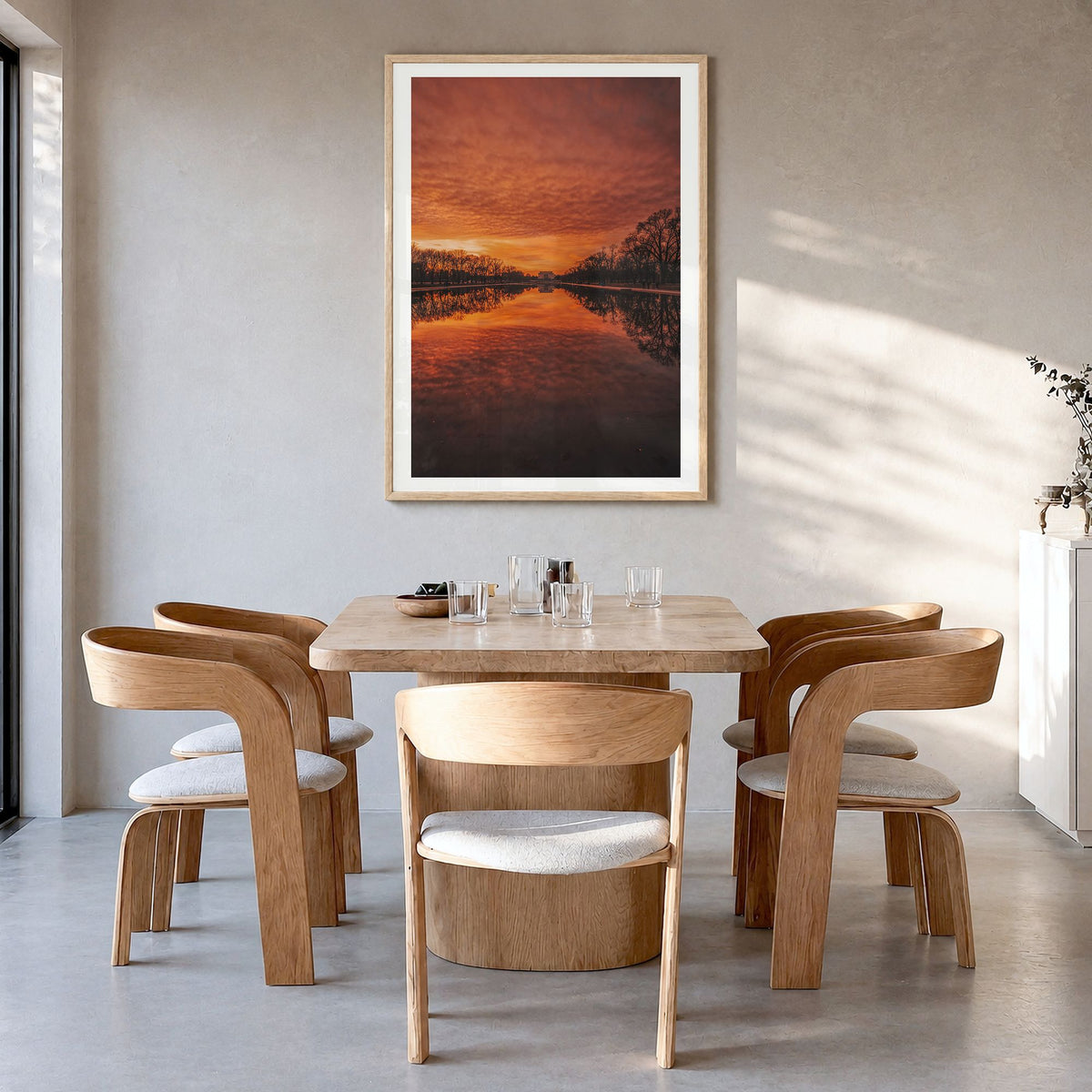 Washington, D.C. Photo No 2 Poster in a natural wood frame, hanging in a dining room, white border