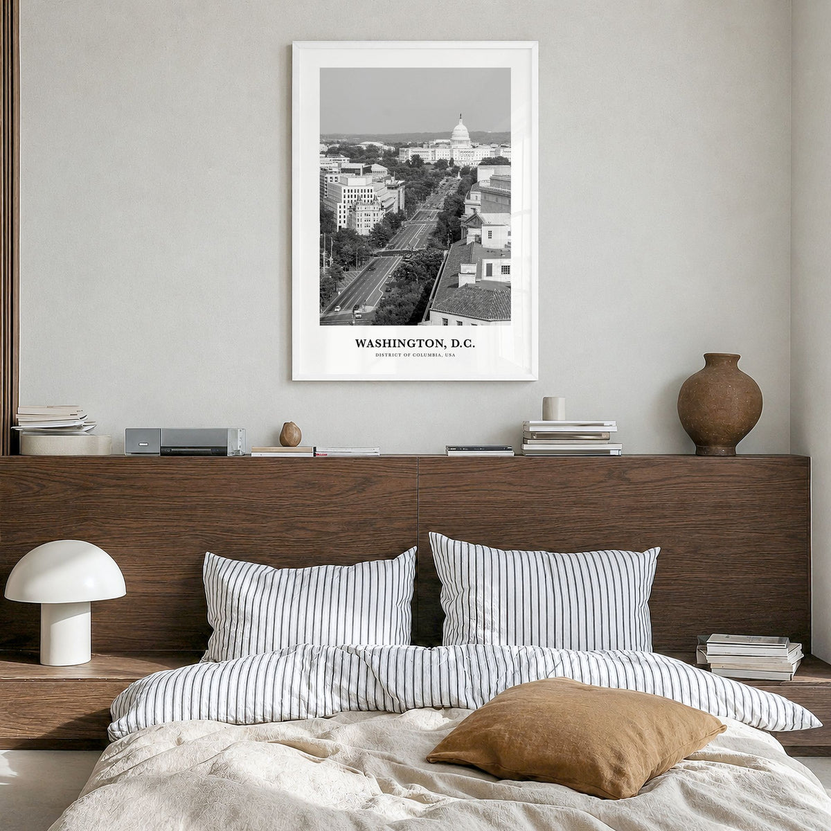 Washington, D.C. Classic No 1 Poster in a white wood frame, hanging in a bedroom