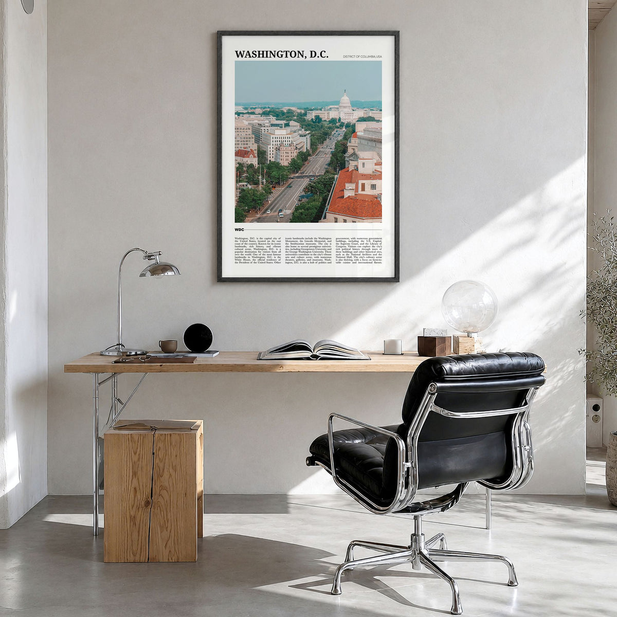 Washington, D.C. Travel No 2 Poster in a black wood frame, hanging in a bright home office