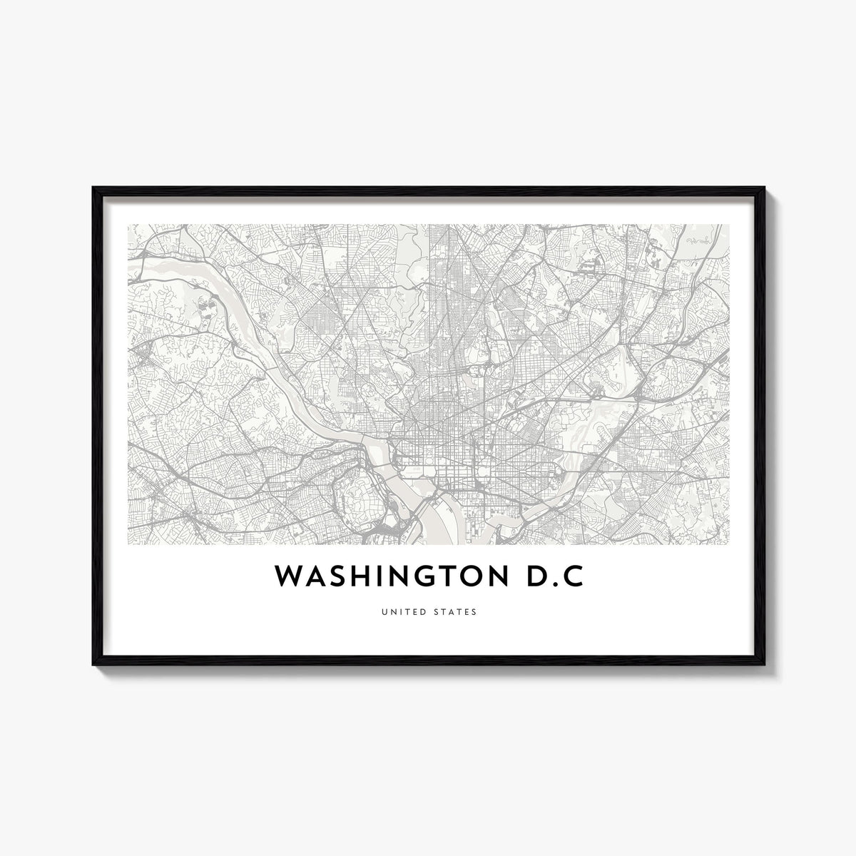 Washington, D.C. black & white map poster of District of Columbia, USA – horizontal wall art, unframed print shown in interio