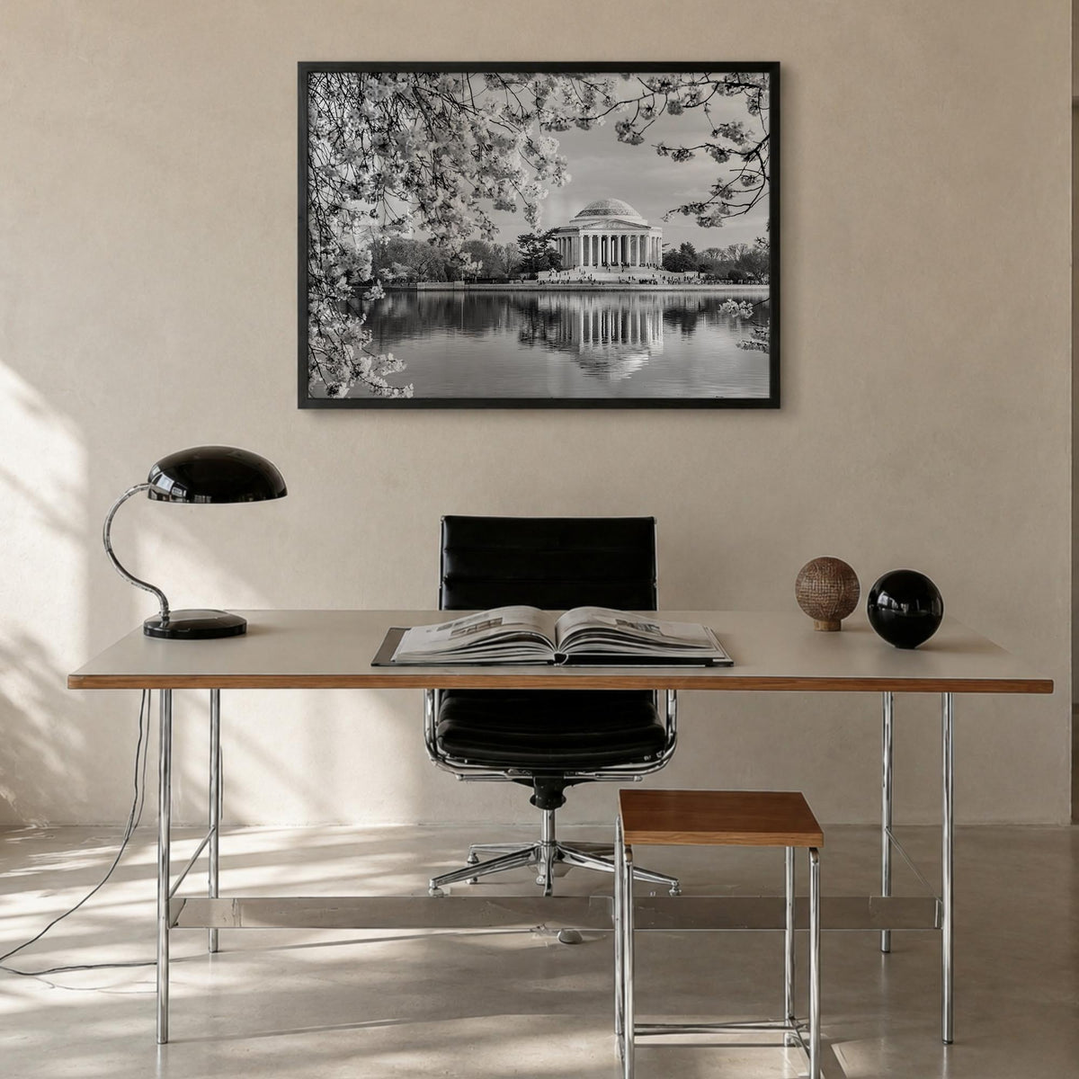 Washington, D.C. black & white photo poster of District of Columbia, USA – horizontal wall art in black wood frame, hanging o