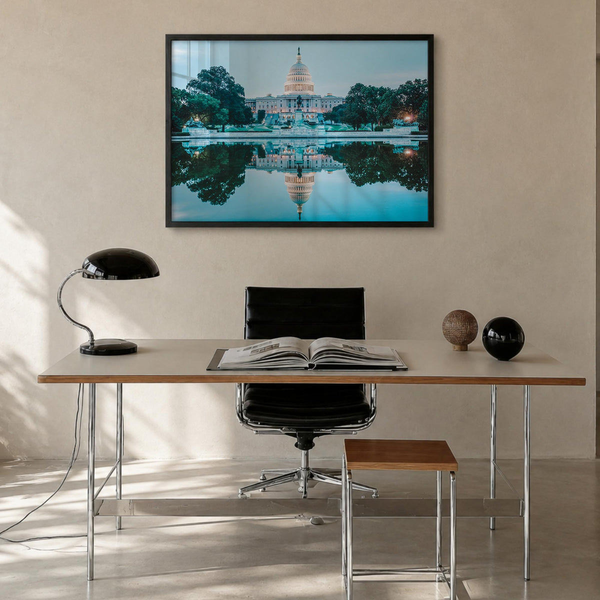 Washington, D.C. colorful photo poster of District of Columbia, USA – horizontal wall art in black wood frame, hanging on wal