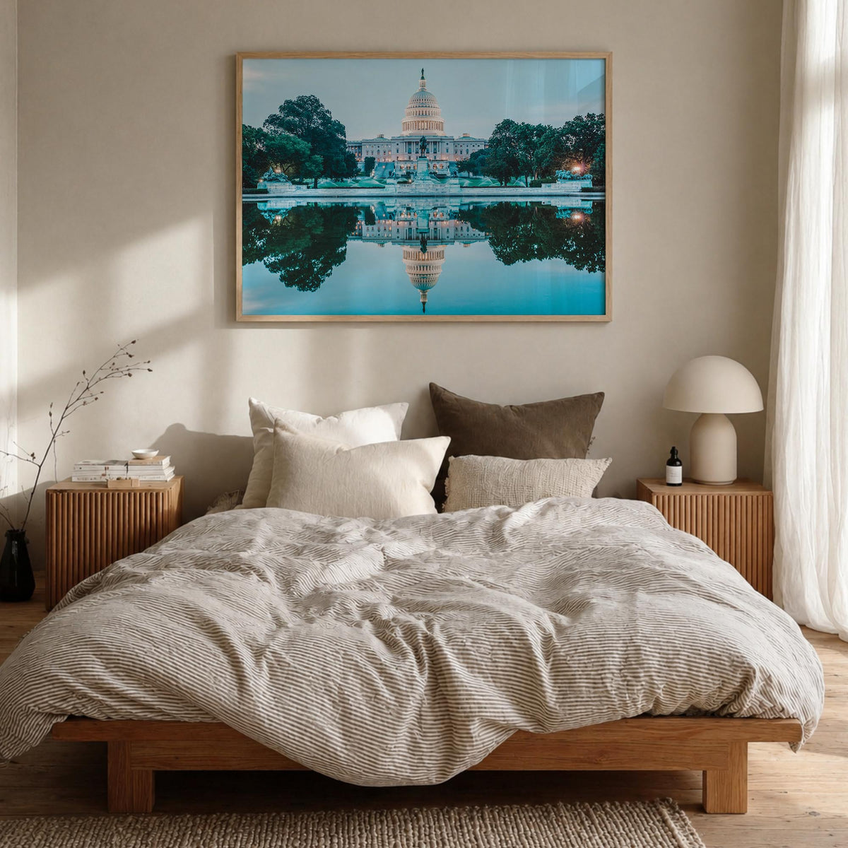 Washington, D.C. colorful photo poster of District of Columbia, USA – horizontal wall art in natural wood frame, hanging on w