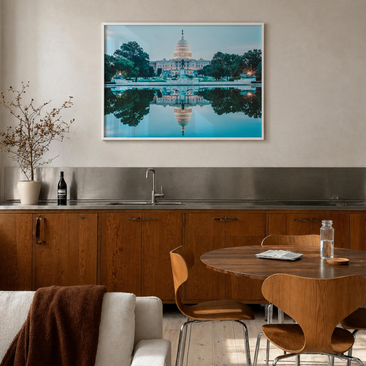 Washington, D.C. colorful photo poster of District of Columbia, USA – horizontal wall art in white wood frame, hanging on wal
