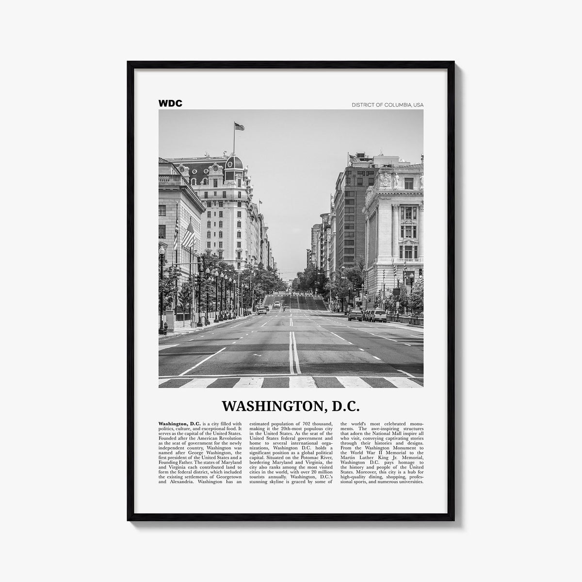 Washington, D.C. no. 2 black & white newspaper poster of District of Columbia, USA – vertical wall art, unframed print shown