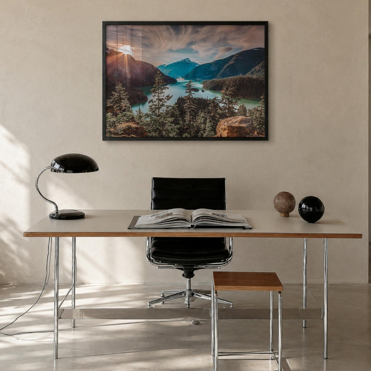 Washington (State) no. 1 colorful photo poster of Washington, USA – horizontal wall art in black wood frame, hanging on wall